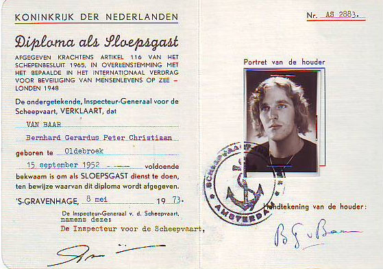Diploma als Sloepsgast, uitgereikt in 1973